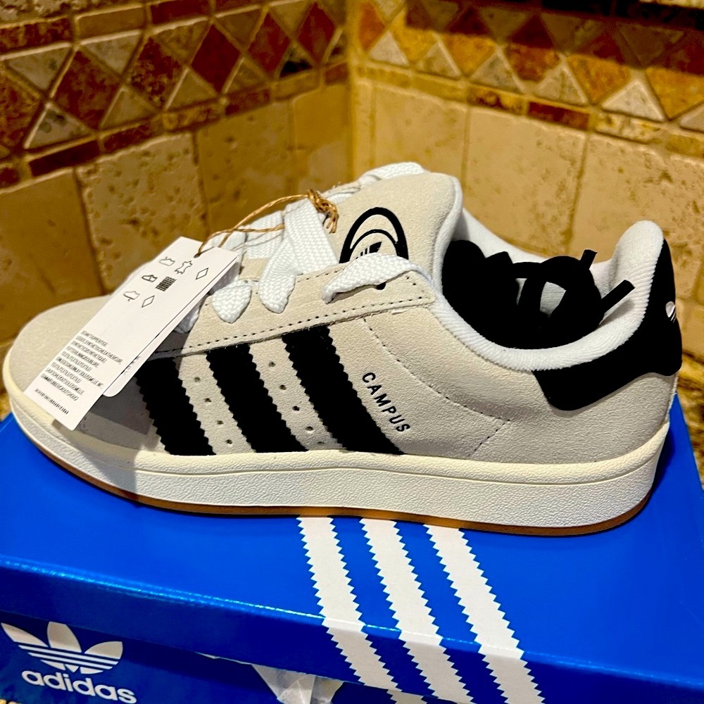 NWT and box: Adidas Campus White and Black Sneakers